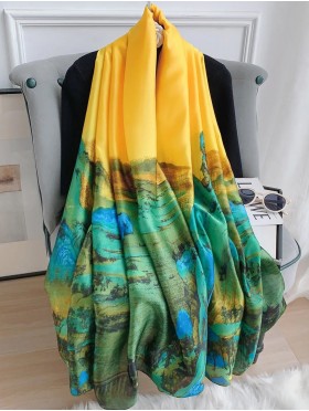 Premium Silk Feeling Colorful Scenery Print Scarf
